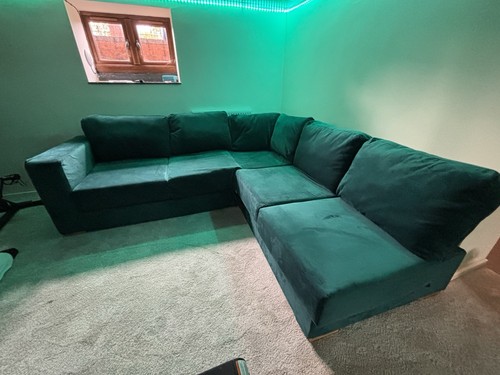 Green velour corner sofa bed - sofa,
